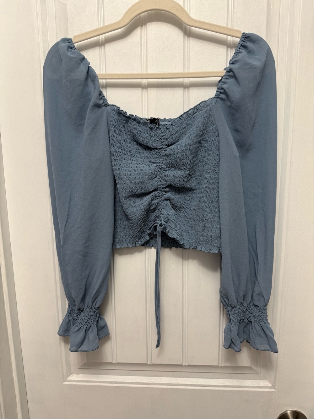 Fashion Nova SZ Large Crop Top Blue Smocked Peasant Puffy Sleeve Blouse (47-2)